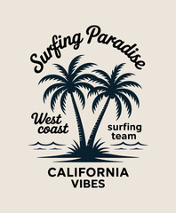 A vibrant graphic illustrating tropical palm trees, symbolizing the carefree spirit of surfing culture in California, inviting adventure and relaxation by the ocean.