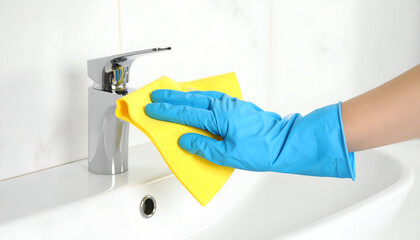 Hand Wearing Blue Glove Cleaning Chrome Faucet With Yellow Cloth In Bright Bathroom