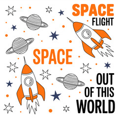 An engaging and whimsical graphic design featuring playful rockets and celestial bodies, designed to inspire children’s curiosity about space and adventure in the universe.