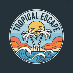 The vibrant design captures a tropical escape theme, featuring swaying palm trees, dynamic ocean waves, and a shining sun in a soothing color palette that invites relaxation.