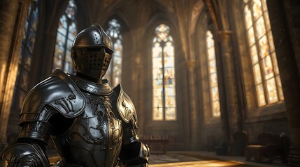Medieval knight in full shining armor standing in a grand gothic cathedral hall with sunlight streaming through arched windows, symbolizing chivalry, honor, and history