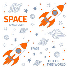 An exciting and colorful graphic depicting rockets zooming through space with celestial bodies, designed to capture the imagination and promote the wonders of space travel.