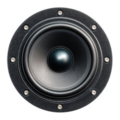 Close up view of a black audio speaker cone with a metallic dome center isolated on transparent background