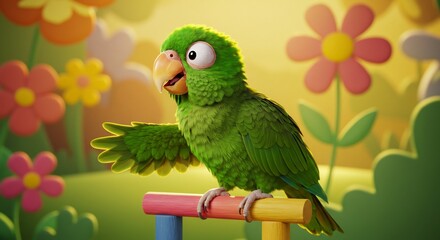 Friendly green parrot playfully greets in warm sunlight vibrant flower garden. AI Generated