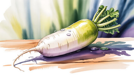 Fresh White Radish with Green Leaves and Water Drops from Organic Harvest.