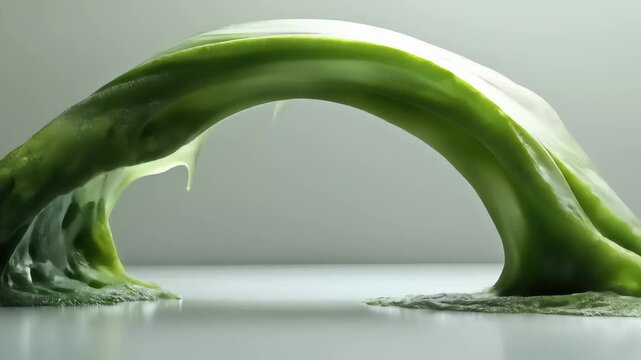 Glossy green slime arched in bridge shape with dripping strands on flat surface, showcasing stretchable and viscous texture

