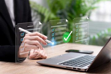 Regulation Policy Approval Concept, Businesswoman Reviewing and Approving New Corporate Policies, Compliance Management, Legal Standards, Governance, Risk Assessment, Business Documentation Process