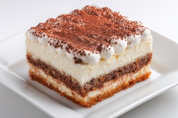 Square tiramisu dessert on white plate