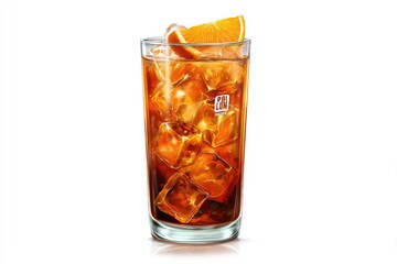 A tall glass filled with ice cubes and a reddish-brown drink.  An orange slice rests atop.  Realistic illustration