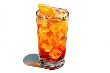 A vibrant, illustrated cocktail.  Orange slice atop a tall glass, filled with amber-colored drink and ice cubes.  Clear glass, slight shadow, studio shot