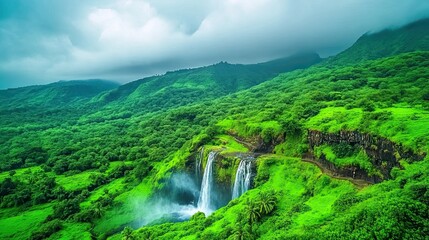Obraz premium Tropical waterfall in lush green forest aerial view