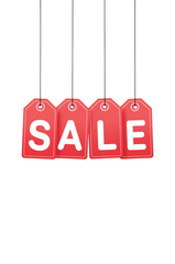 Hanging red sale tags against a dark background convey promotional offers and marketing strategies