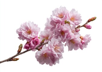Close-up of a delicate cherry blossom branch.  Soft pink blossoms cluster on a light brown stem against a pure white background.  Emerging buds add depth