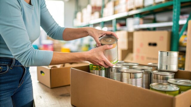 Woman Placing Canned Goods into Cardboard Box