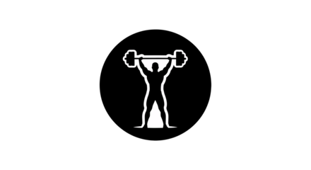 A minimalist black and white icon featuring the silhouette of a weightlifter holding a heavy barbell overhead.