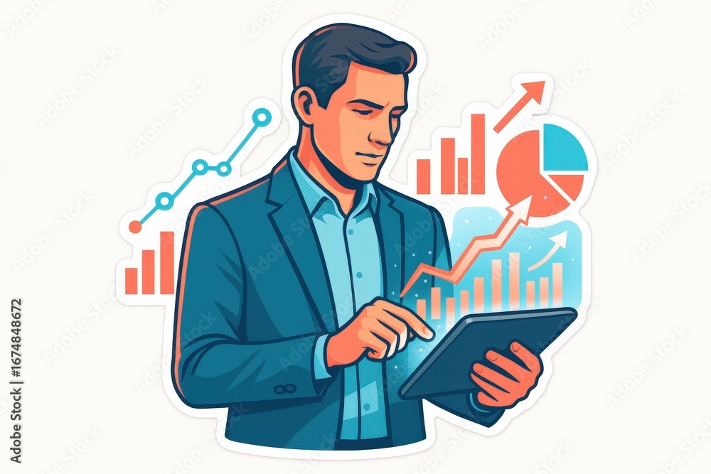 Poster a professional male analyst engages with digital analytics on a tablet showcasing dynamic data visua