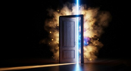 A mysterious open door unleashes a powerful burst of light and energy. A magical portal or gateway to the future, another dimension, or a new opportunity.

