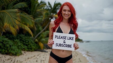 Young smiling woman holding a sign that says "Please Like & Subscribe" on a tropical beach. Perfect for YouTube, social media content, and influencer promotions.