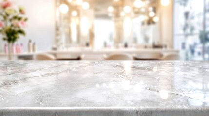 Empty marble table in blurred beauty salon background