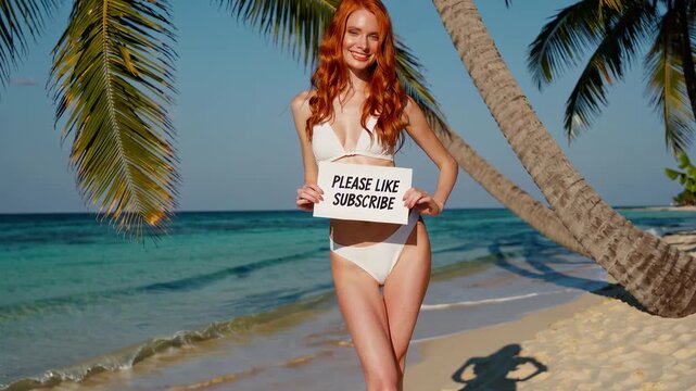 Young smiling woman holding a sign that says "Please Like & Subscribe" on a tropical beach. Perfect for YouTube, social media content, and influencer promotions. - Powered by Adobe