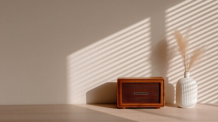 vintage wooden radio on cozy living room table with sunlight 