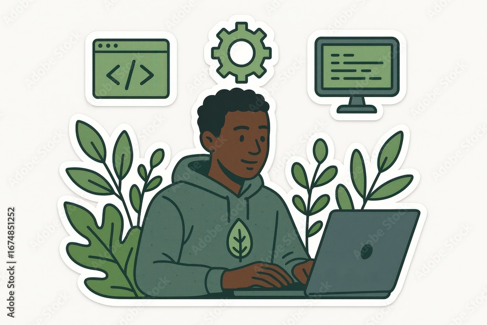 Poster a focused individual coding in a natural workspace surrounded by plants expressing the balance betwe