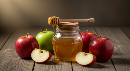 Still life of apples and honey jar on a wooden table with warm lighting, text space above.