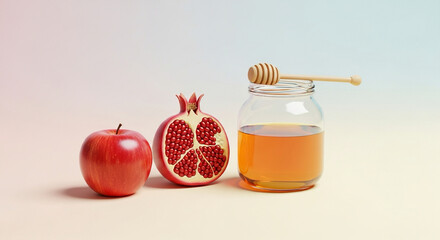 Minimalist 3D render of apple, pomegranate, and honey jar on soft pastel background.