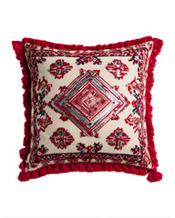 Traditional cushion cover with intricate mirror and embroidery work, showcasing rich cultural patterns, isolated on white background.