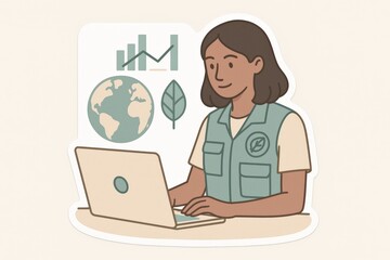 Empowering young environmentalist analyzing sustainability trends on a laptop surrounded by imagery of Earth and eco-friendly icons representing the intersection of technology and nature