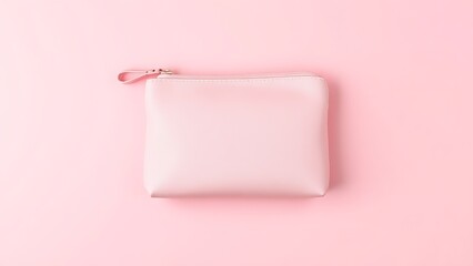 Pink cosmetic bag on soft pink background, flat lay with ample copy space.