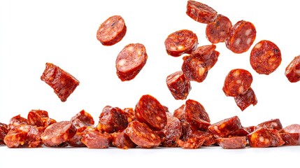 Falling chorizo sausage slices on white background