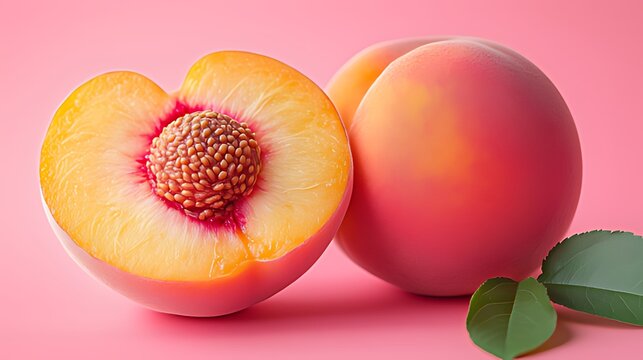 Two Peaches on Bright Pink Background: Left Halved Peach (Orange Flesh, Red Pit, Brown Seeds), Right Whole Peach (Red-Orange Skin) with Two Green Leaves