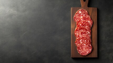 Sliced salami on wooden board