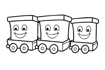 Cute Cartoon Train Coloring Page for Kids. Simple Locomotive with Wagons and Bold Outline.