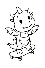 Cute Baby Dragon on Skateboard Coloring Page. Simple Cartoon Fantasy Character Line Art