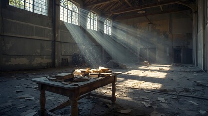 Sunlight streaming through dusty windows into an abandoned building with broken furniture and scattered debris, creating a haunting yet atmospheric and dramatic interior scene