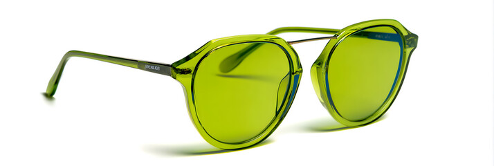 Trendy green sunglasses with tinted lenses and a sleek modern frame, angled stylishly, isolated on white background.