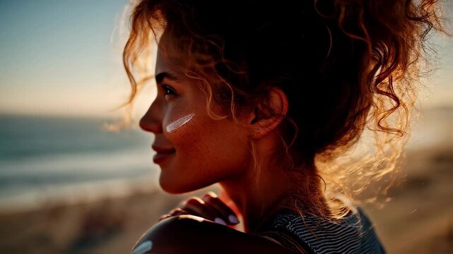 Individual with stretch marks in focus applying sunscreen at the beach medium shot with blurred shoreline celebrating natural beauty and protective selfcare.