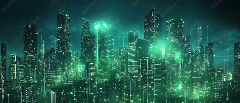 Poster green network connection lines and data connecting city skyline
