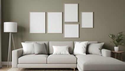 Cozy modern living room interior with a comfortable sectional sofa adorned with plush pillows and a stylish gallery wall of blank canvases above