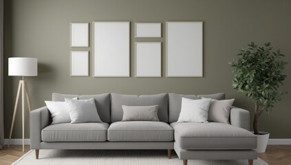 Fototapeta premium A modern sectional sofa in a living room with a gallery wall of empty frames and a floor lamp creating a stylish and inviting home interior design