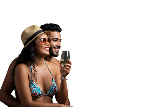 Latin Couple Drinking Wine on Vacation, Transparent Background