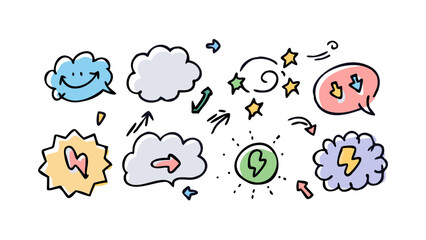 Cartoon doodle icons with speech bubbles and lightning bolts thought bubble