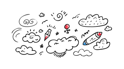 Childlike drawing of clouds and pencils doodle crayon