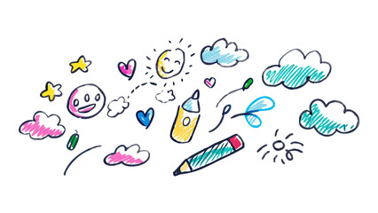 Childlike drawings of sun clouds hearts and pencils crayon marker