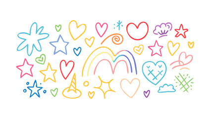 Colorful doodle icons hearts stars rainbow cloud vector