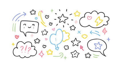 Colorful doodle speech bubbles and stars arrows hearts