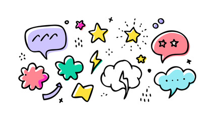 Colorful doodle speech bubbles and stars yellow pink