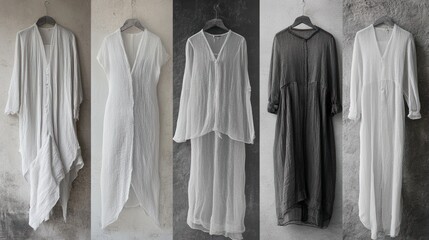 Five minimalist, flowing, white and gray dresses